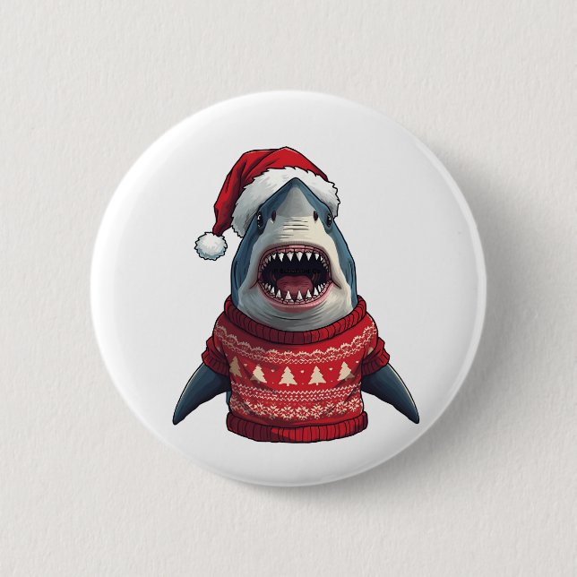 Funny Christmas Shark Ugly Sweater T-Shirt  Button (Vorderseite)