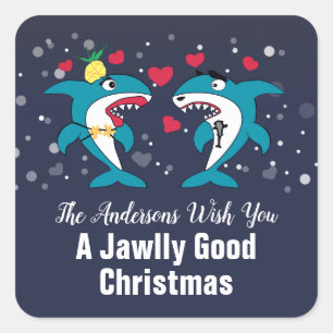 Funny Christmas Sharks Familienname Navy Quadratischer Aufkleber