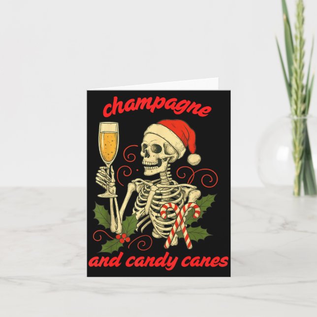 Funny Christmas Skeleton Champagne And Candy Canes Karte (Vorderseite)