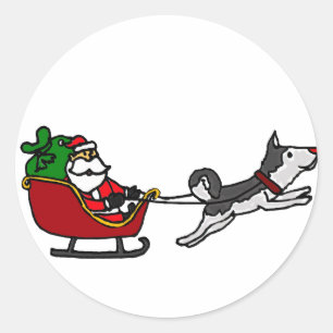 Funny Christmas Sleigh mit Husky Dog Pulling Runder Aufkleber