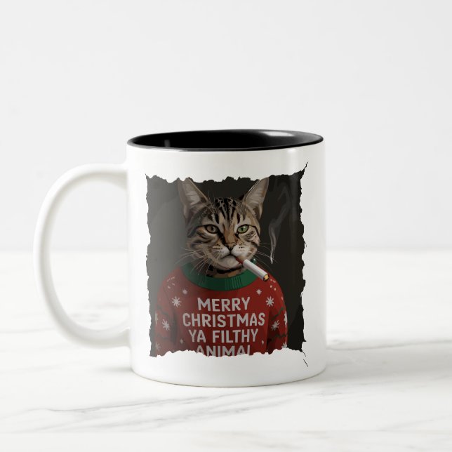 Funny Christmas Smoking Cat Sarcastic Holiday Meme Zweifarbige Tasse (Links)