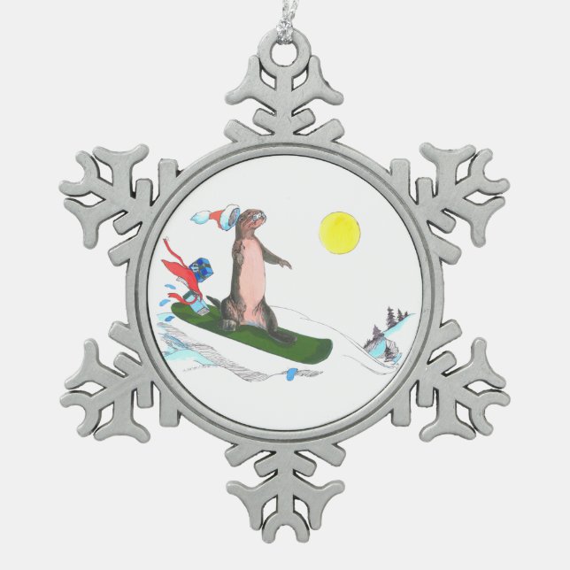 Funny Christmas Snowboarden Otter Holiday Design Schneeflocken Zinn-Ornament (Vorderseite)