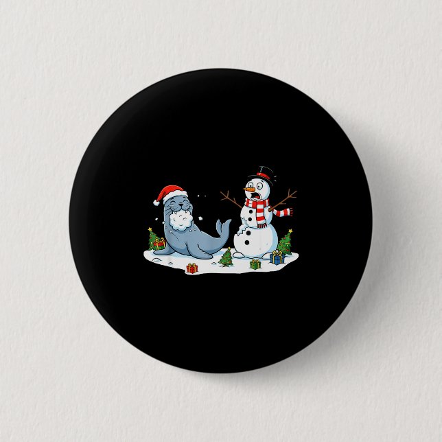 Funny Christmas Snowman Sea Lion Xmas Mens Womens  Button (Vorderseite)