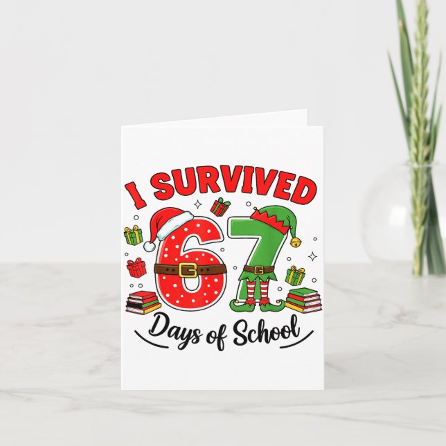 Funny Christmas Teacher Santa I Survived 67 Days O Karte (Vorderseite)