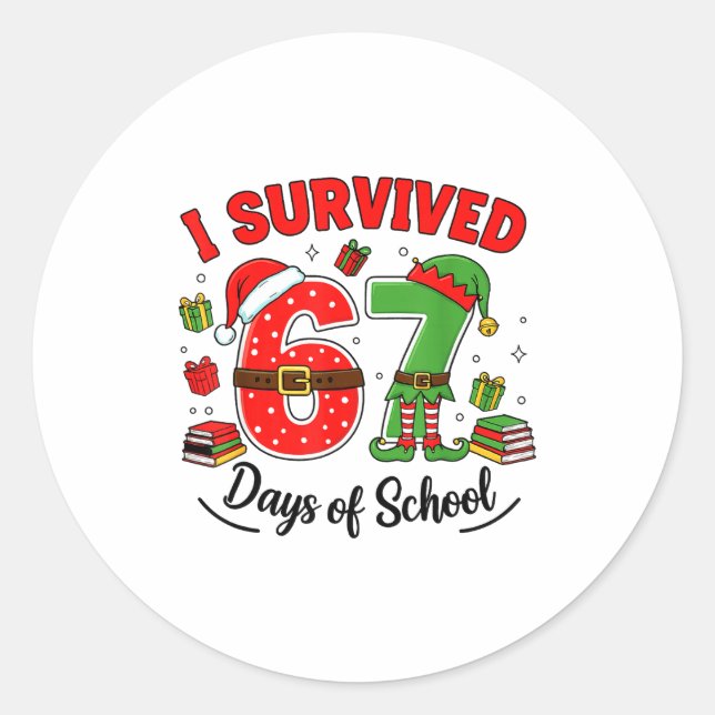 Funny Christmas Teacher Santa I Survived 67 Days O Runder Aufkleber (Vorderseite)