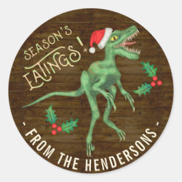 Funny Christmas Velociraptor Dinosaur Custom Text Runder Aufkleber