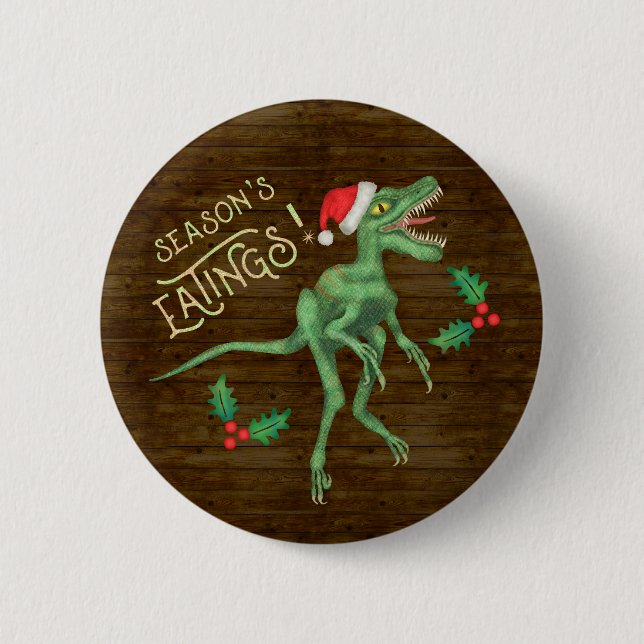 Funny Christmas Velociraptor Dinosaur Eatings Button (Vorderseite)