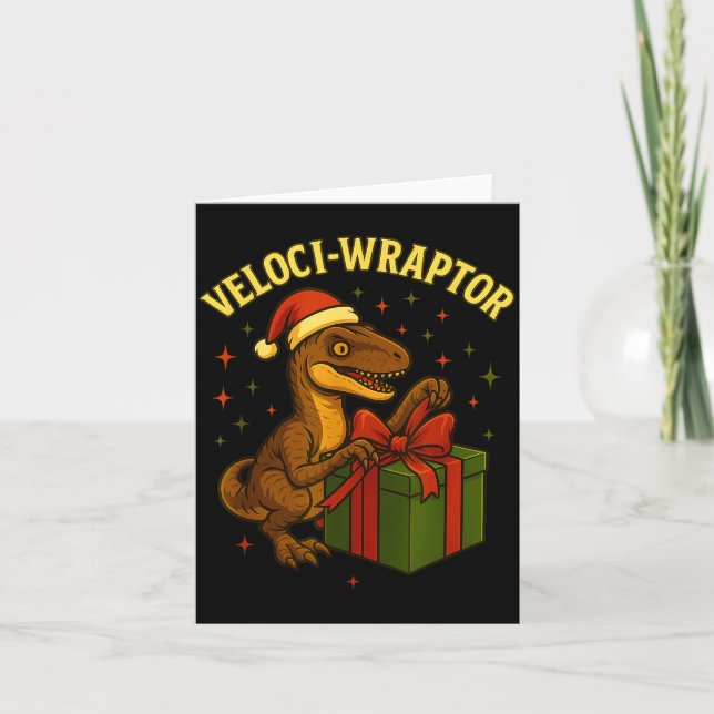 Funny Christmas Velociraptor Pun Veloci-wraptor  Karte (Vorderseite)