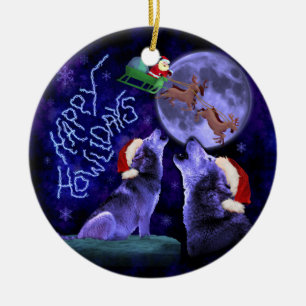 Funny Christmas Wolf Pun Happy Howlidays Spaß Keramikornament