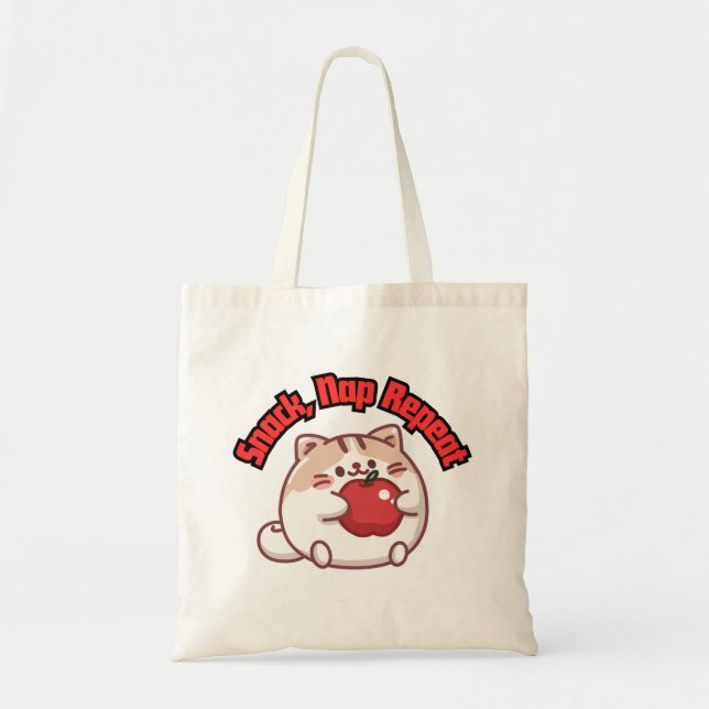 Funny Chubby Kawaii Anim Cat mit Apple Tote Tasche (Vorne)