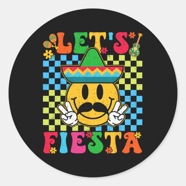Funny Cinco De Mayo Checkered Let's Fiesta Lächeln Runder Aufkleber (Vorderseite)