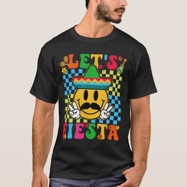Funny Cinco De Mayo Checkered Let's Fiesta Lächeln T-Shirt (Vorderseite)