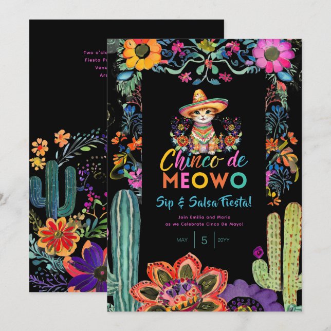 Funny Cinco De Mayo Sip und Salsa Cat FIESTA Einladung (Vorne/Hinten)