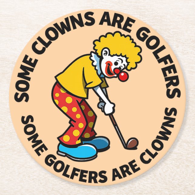 Funny Clown Golfer mit Humoralem Text Runder Pappuntersetzer (Vorderseite)