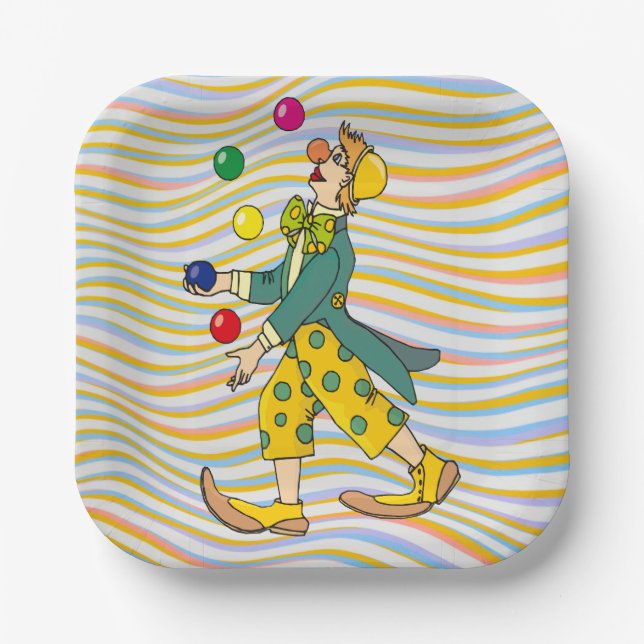 Funny Clown spielen mit farbenfrohen Balls Pappteller (Vorderseite)