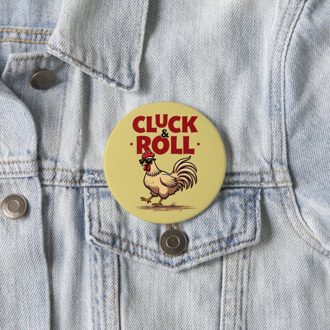 Funny "Cluck & Roll" Cooler Rooster Cartoon Design Button (Beispiel)