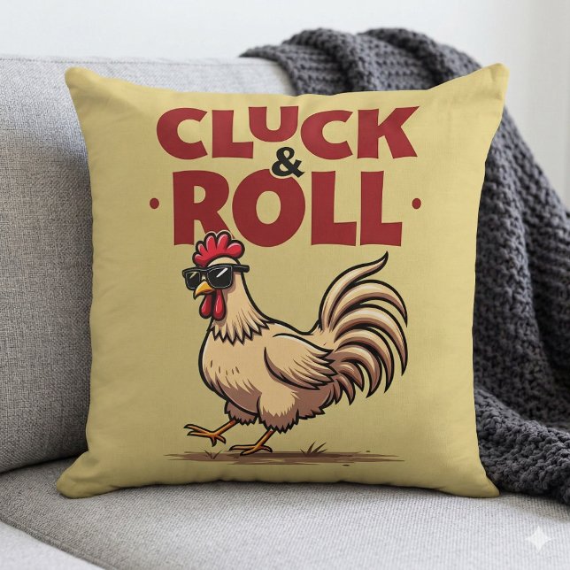 Funny "Cluck & Roll" Cooler Rooster Cartoon Design Kissen (Funny Cluck & Roll Cool Rooster Cartoon Design Throw Pillow  Mockup A)