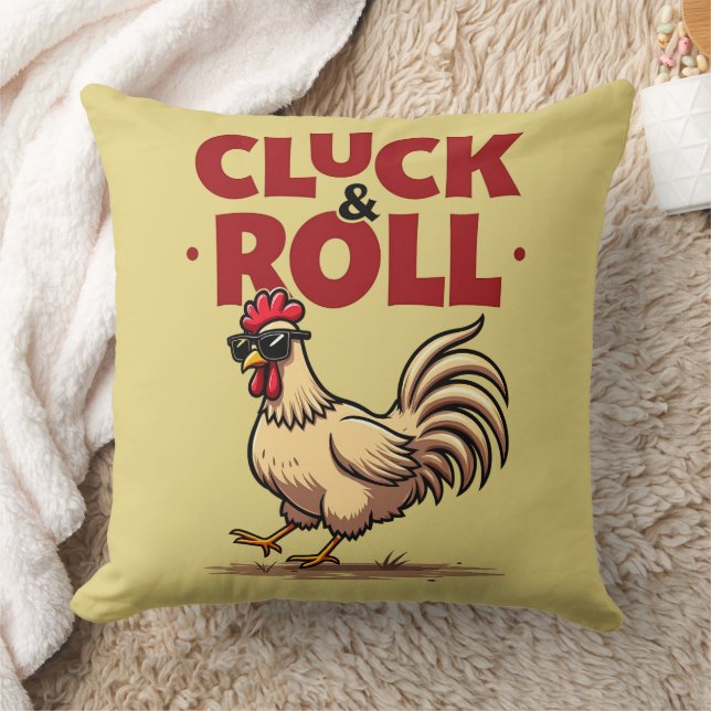 Funny "Cluck & Roll" Cooler Rooster Cartoon Design Kissen (Decke)