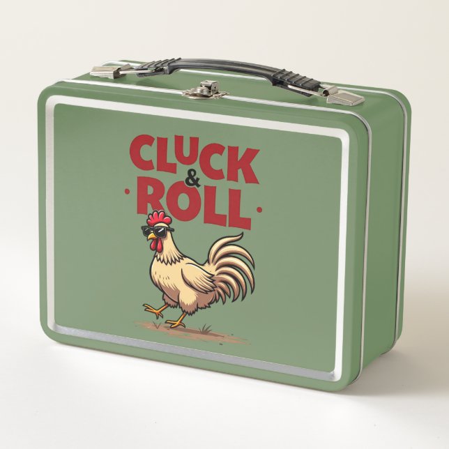 Funny "Cluck & Roll" Cooler Rooster Cartoon Design Metall Brotdose (Vorderseite)