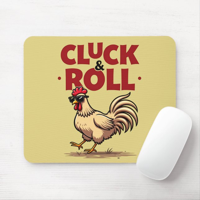 Funny "Cluck & Roll" Cooler Rooster Cartoon Design Mousepad (Mit Mouse)