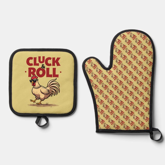 Funny "Cluck & Roll" Cooler Rooster Cartoon Design Ofenhandschuh & Topflappen-Set (Vorderseite)