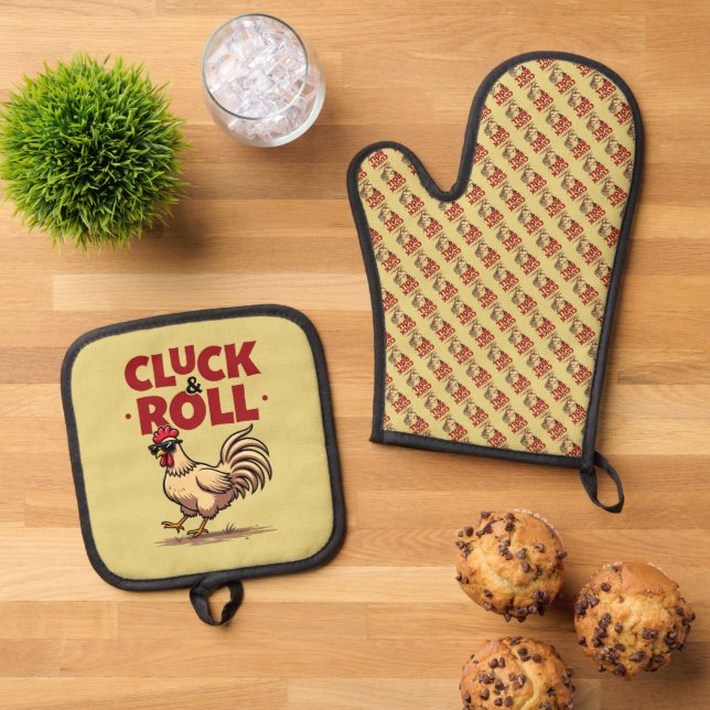 Funny "Cluck & Roll" Cooler Rooster Cartoon Design Ofenhandschuh & Topflappen-Set (Oben Unten)