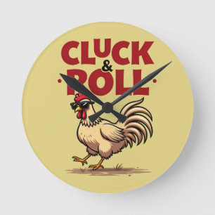 Funny "Cluck & Roll" Cooler Rooster Cartoon Design Runde Wanduhr