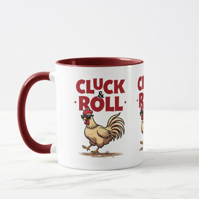 Funny "Cluck & Roll" Cooler Rooster Cartoon Design Tasse (Links)