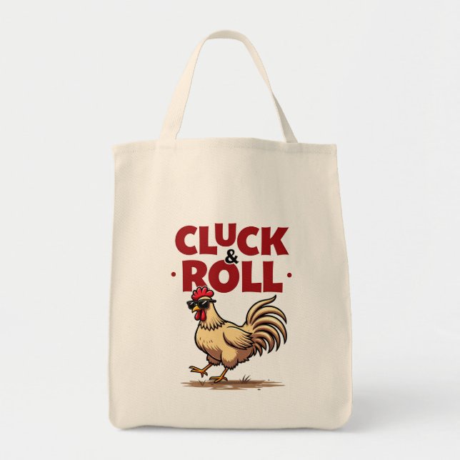 Funny "Cluck & Roll" Cooler Rooster Cartoon Design Tragetasche (Vorne)