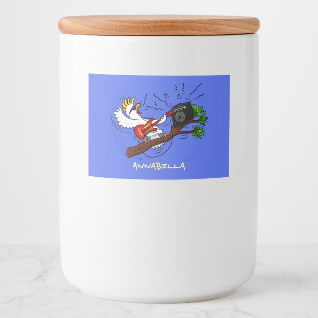 Funny Cockatoo spielt Rockgitarre Cartoon Lebensmitteletikett (Vorderseite)