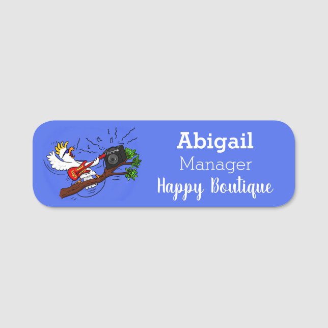 Funny Cockatoo spielt Rockgitarre Cartoon Namensschild (Vorderseite)