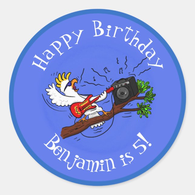 Funny Cockatoo spielt Rockgitarre Cartoon Runder Aufkleber (Vorderseite)