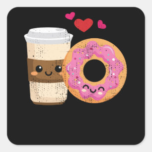 Funny Coffee and Donut Couple Kawaii Valentines Quadratischer Aufkleber