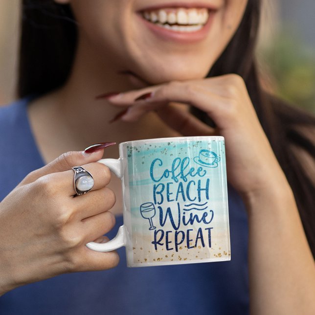 Funny Coffee Beach Wine Wiederholung Glitzer Persö Kaffeetasse (Coffee Beach Wine Repeat Mug)