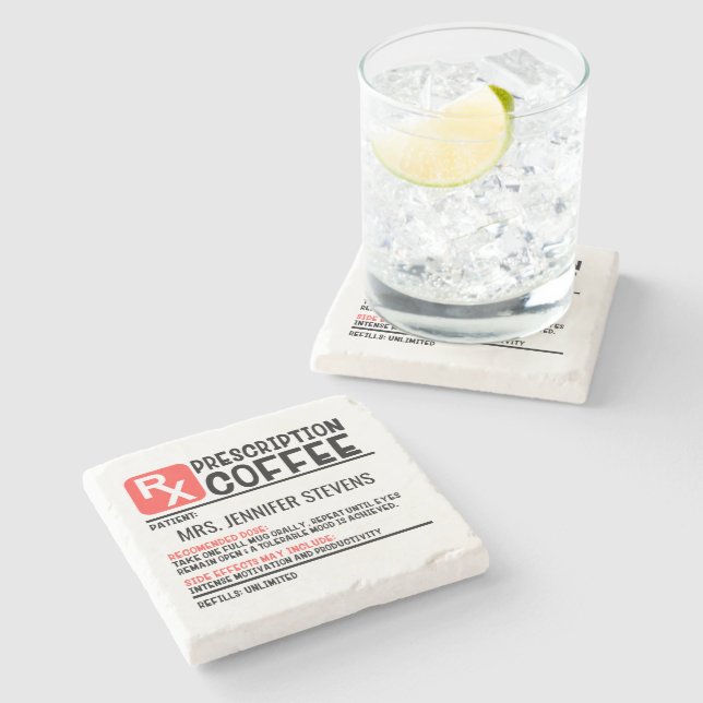 Funny Coffee Prescription Personalisiert Name Steinuntersetzer (Seitenansicht)
