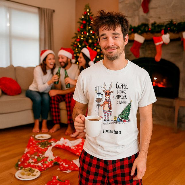 Funny Coffee Reindeer Christmas – Custom Name T-Shirt (Von Creator hochgeladen)