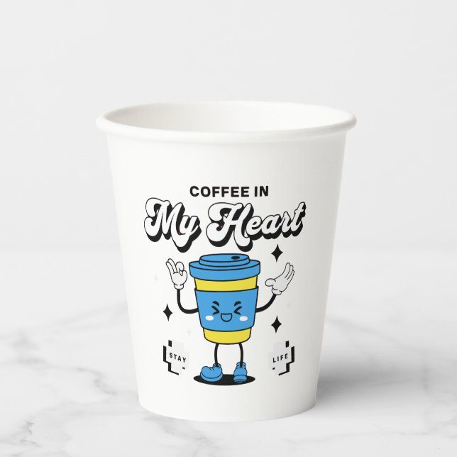 Funny Coffee Retro Mascot Pappbecher (Vorderseite)