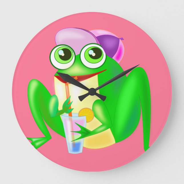Funny Colck mit Happy Party Frog - Deine Farbe Große Wanduhr (Vorderseite)
