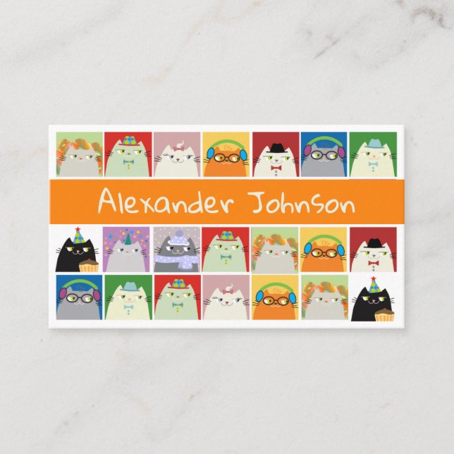 Funny Colorful Cartoon Cats Collage Business Card Visitenkarte (Vorderseite)