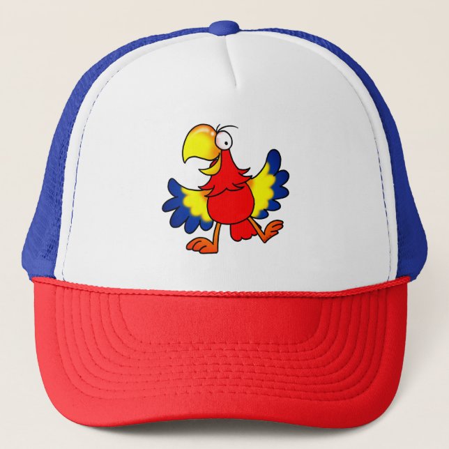 Funny Colorful Cartoon Parrot Bird Truckerkappe (Vorderseite)