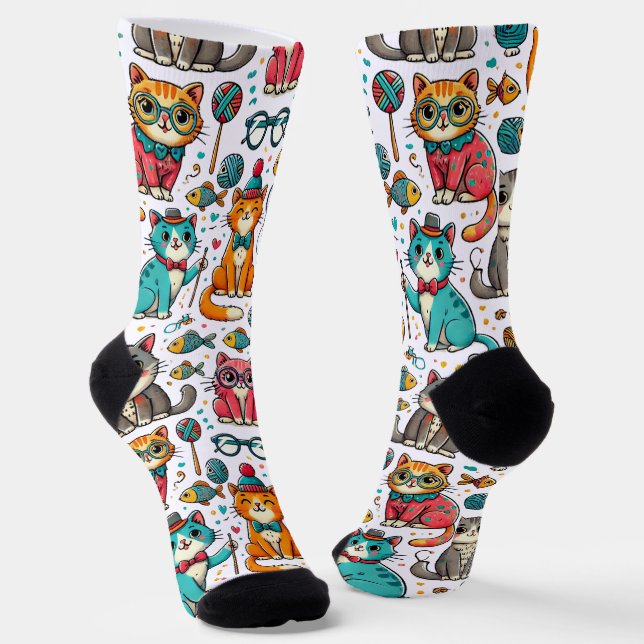 Funny Colorful Cats Pattern Socken Cat Lover Gesch (Gewinkelt)