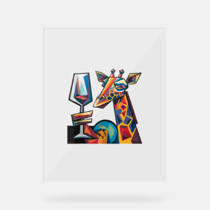 Funny Colorful Giraffe Drinken Roter Wein Cubism A Acrylschild