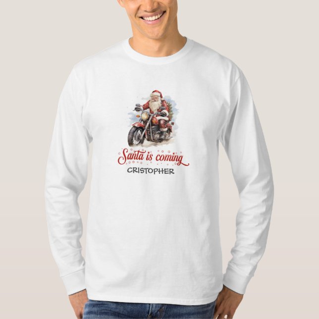 Funny Comic Santa Claus auf dem Motorrad T-Shirt (Vorderseite)