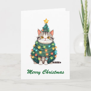 Funny Comic Whimsical Cat Frohe Weihnachtsbaum Karte