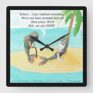 Funny Confused Fish Cartoon Square Wall Clock Quadratische Wanduhr