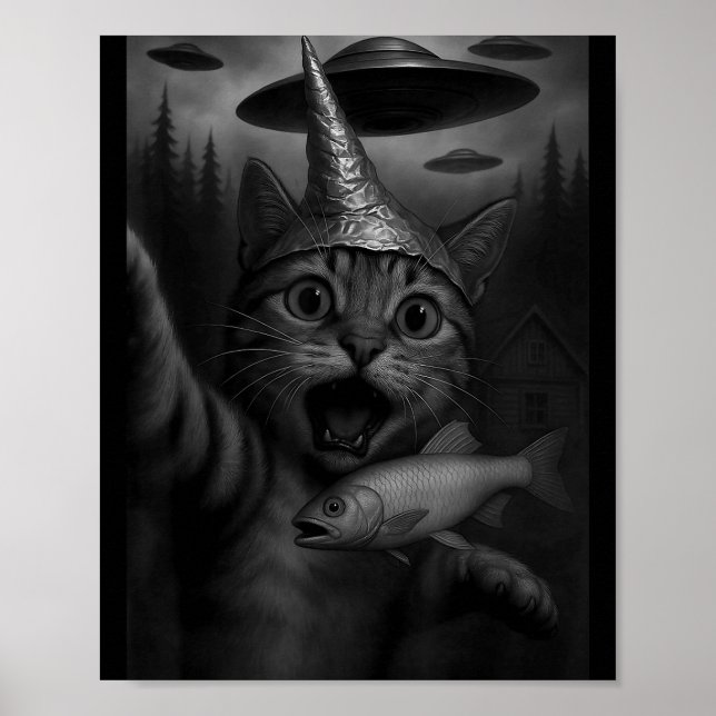 Funny Consracy Cat In Tin Foil Hat Panics At Alien Poster (Vorne)