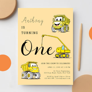 Funny Construction Trucks 1. Geburtstag Einladung