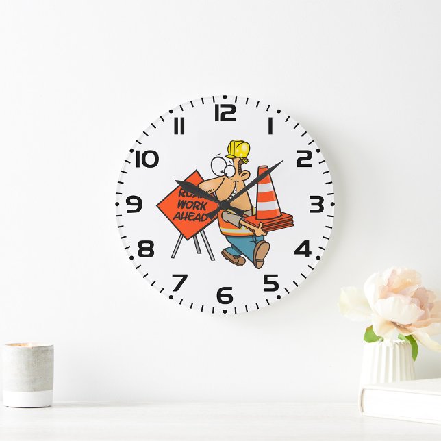 Funny Construction Worker Road Work Ahead Sign Große Wanduhr (Von Creator hochgeladen)