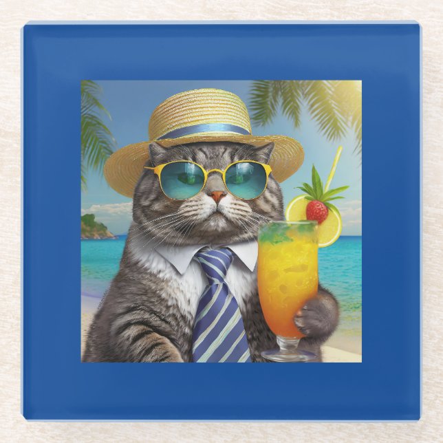 Funny Cool Cat and Tropical Drink Glasuntersetzer (Vorderseite)