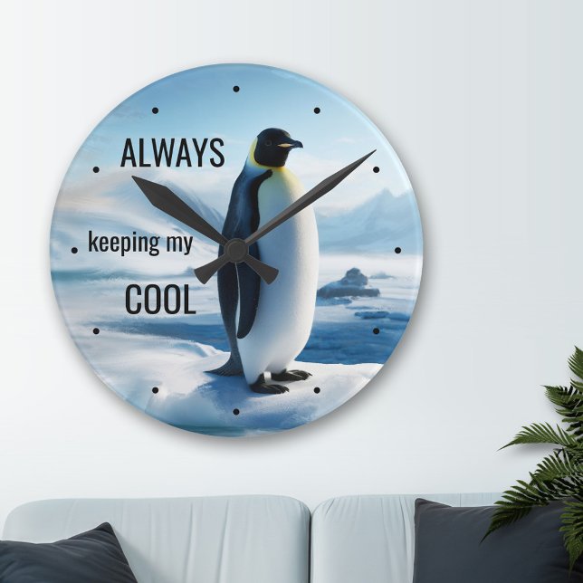 Funny Cool Penguin Ice Runde Wanduhr (A funny wall clock featuring a painting of a penguin on ice.)
